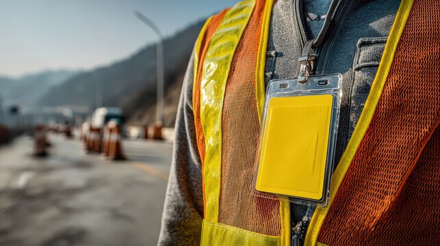 A person wearing a reflective safety vest with an ID badge stands in a construction zone, highlighting safety and identification in a work environment.