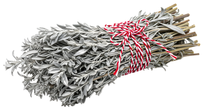 Gift - Bundle of dried lavender tied with red and white striped string isolated on white background, perfect for rustic home decor and aromatherapy
