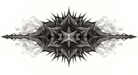 Monochrome symmetrical design with sharp, spiky elements and ethereal smoke accents artfully blended