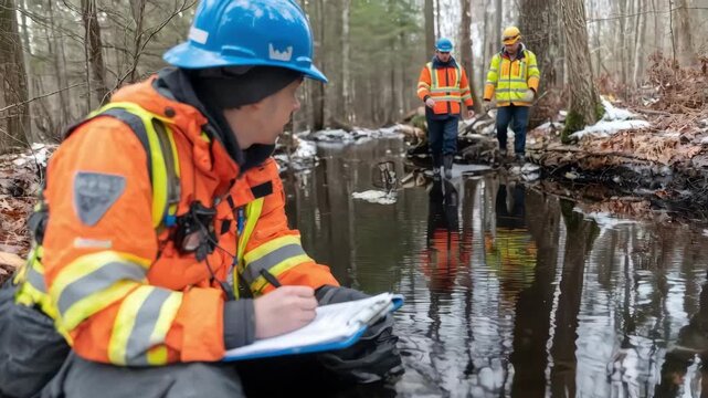 Middistance shot of an ecologist assessing transitional habitats between forests and wetlands documenting species interactions and habitat conditions during daylight fieldwork.