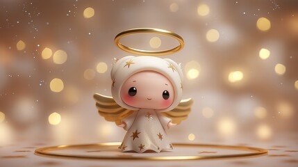 Fototapeta premium Cute angel in gold-star robe with golden wings and halo.