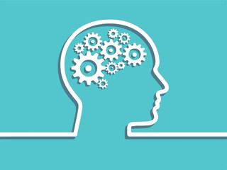 brain silhouette with interlocking gears and mechanical cogs for concept art