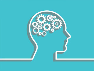 brain profile filled with gears and cogs symbolizing cognitive processes