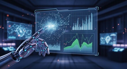 A robot hand interacting with a digital interface in a futuristic, dark room with glowing screens and data charts.