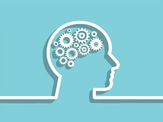 brain head outline with gears inside representing thinking and mechanics