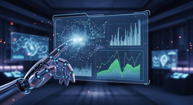A robot hand interacting with a digital interface in a futuristic, dark room with glowing screens and data charts. - Powered by Adobe