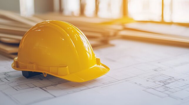 A yellow hard hat rests on blueprints in a construction setting, symbolizing safety and the planning stages of a building project.