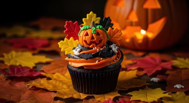 A Halloween-themed cupcake with a jack-o'-lantern face and autumn leaves on top, placed on a bed of autumn leaves with a pumpkin in the background. - Powered by Adobe