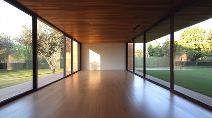 Fototapeta premium A minimalistic interior space with large glass windows, showcasing a wooden ceiling and a view of a green garden outside.