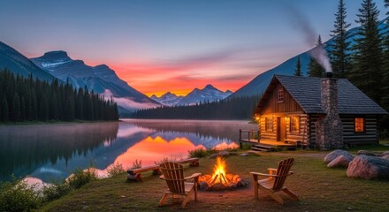 Fototapeta premium A cozy cabin by a lake at sunset, with a warm fire and chairs by the water.
