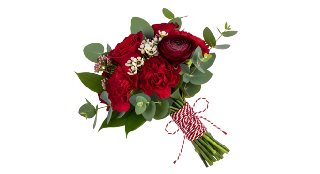 Gift - Bouquet of red roses with greenery and white filler flowers tied with red and white striped string, romantic floral arrangement perfect for weddings and Valentine?s Day