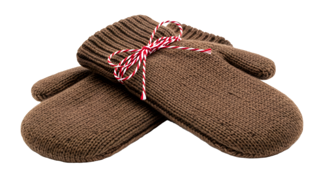 Gift - Brown knitted wool mittens tied with red and white string isolated on white background, cozy winter gloves perfect for cold weather