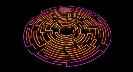 Circular three dimensional maze illuminated with glowing neon lines against a dark background