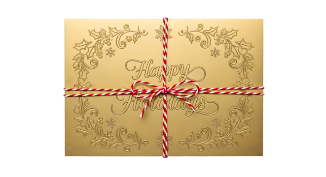 Gift - Golden gift box with Happy Holidays message and red and white string tied in a bow, festive holiday present perfect for Christmas celebrations