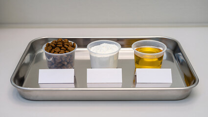 Pet food ingredients, kibble, powder, and oil samples on stainless tray