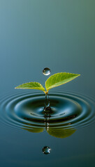 Green plant sprout with water ripple and droplet symbolizing growth and renewal