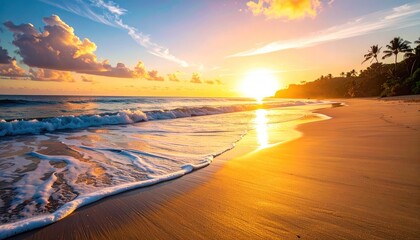 Golden Hour Sunset Over a Tropical Beach Paradise with Gentle Waves Reflecting Brilliant Orange and Yellow Light on Wet Sand and Distant Palm Trees