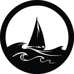Vector sailboat sailing on the waves inside a circle silhouette illustration