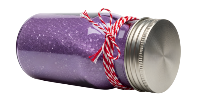 Gift - Jar filled with sparkling purple glitter and decorated with red and white ribbon, isolated on white background, perfect for craft projects