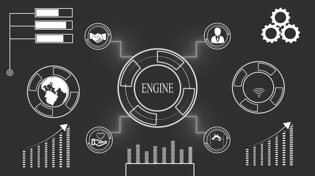 Futuristic infographic network diagram with engine in the center and connected icons technology