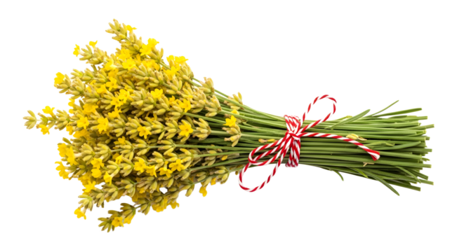 Gift - Bouquet of yellow wildflowers tied with red and white striped string isolated on white background, perfect for spring decor and nature themes