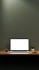 Blank screen of laptop for mockup. Workspace with computer, coffee cup, plant and mobile phone. 8k...