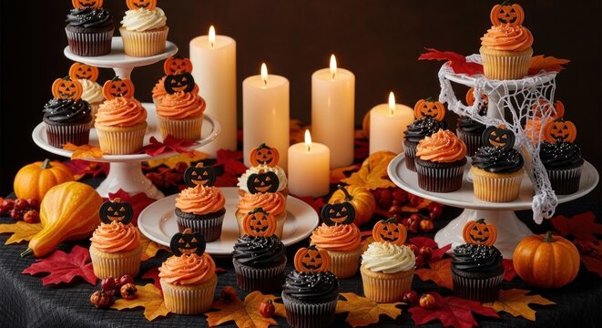 A Halloween-themed cupcake display with candles, pumpkins, and leaves on a black tablecloth.