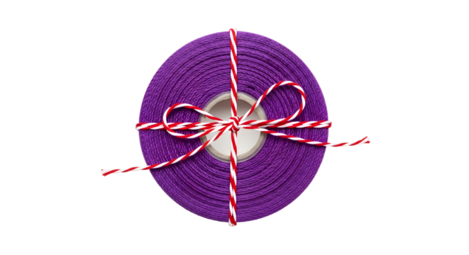 Gift - Close-up of purple crepe paper roll tied with red and white striped string isolated on white background, perfect for crafts and party decorations