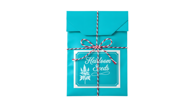Gift - Bright turquoise heirloom seed packet wrapped with red and white string on white background, ideal for gardening and planting projects