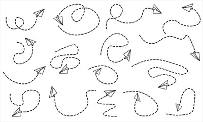 Set of Paper Airplane Dotted Flight Paths Vector