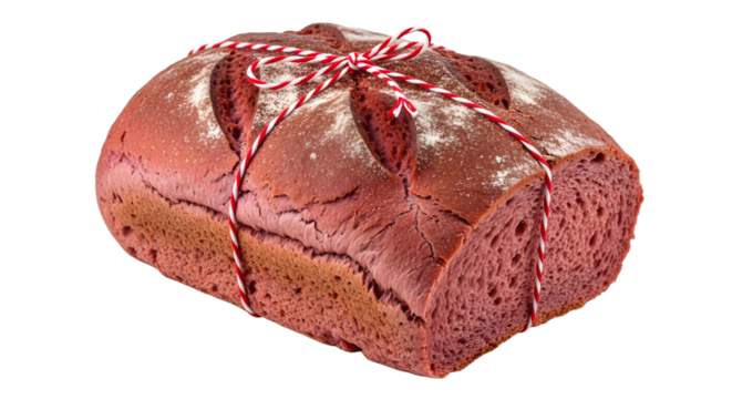Gift - Freshly baked loaf of rustic bread tied with red and white string, perfect for bakery promotions or food blogs
