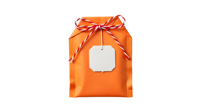 Gift - Orange gift box with red and white striped string and blank tag, wrapped present for celebrations and special occasions