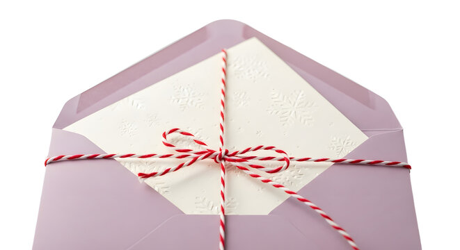 Gift - Elegant lavender envelope with white embossed snowflake card and red and white twine bow, perfect for winter holiday invitations or seasonal greetings