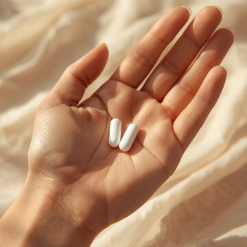 Two White Capsules in Female Hand under Soft Natural Light