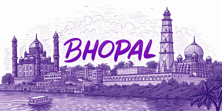 Bhopal Skyline Sketch with Cultural Touch for Tourism Promotion, Featuring Taj-ul-Masajid, Upper Lake, Bharat Bhavan and Tribal Museum &ndash; Perfect for Travel Art Prints and Wall Decor