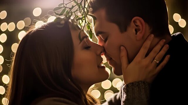Romantic kiss under mistletoe with warm bokeh lights in background, soft romantic lighting