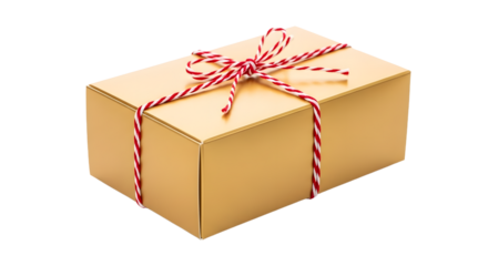 Gift - Gold gift box wrapped with red and white striped ribbon, isolated on white background, perfect for holiday presents and celebrations