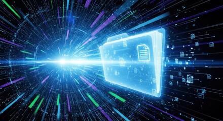 A futuristic, digital folder icon with a glowing, neon light effect, flying through a tunnel of light and data.