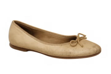 Ballet flat shoe beige leather with bow detail on transparent background, women's footwear style