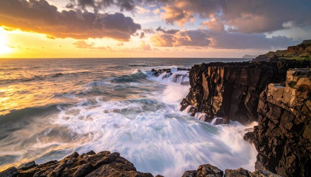 Dramatic ocean waves crash against rugged dark volcanic rocks under a golden sunset sky with scattered clouds at dusk