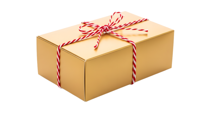 Gift - Gold gift box wrapped with red and white striped ribbon, isolated on white background, perfect for holiday presents and celebrations