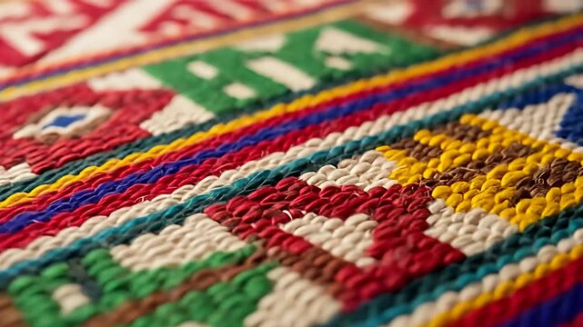 Intricate textile with bold, geometric patterns in red, green, blue, yellow, and brown hues