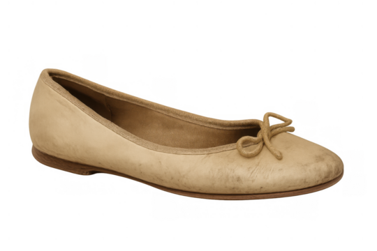 Ballet flat shoe beige leather with bow detail on transparent background, women's footwear style