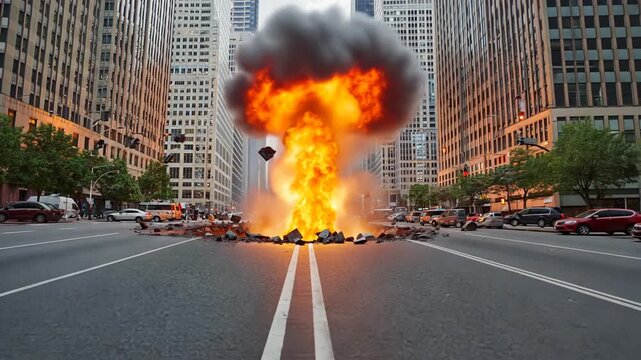 Massive explosion erupts on city street with debris flying and cars stopped bomb blast Ultra Realistic Cinematic Stock Footage  4K UHD Professional Royalty Free Video