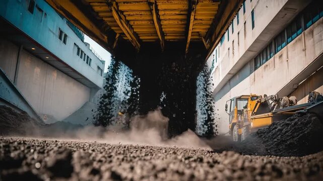 Urban biosolid processing captured midaction featuring industrial equipment transforming city sludge into sustainable energy.