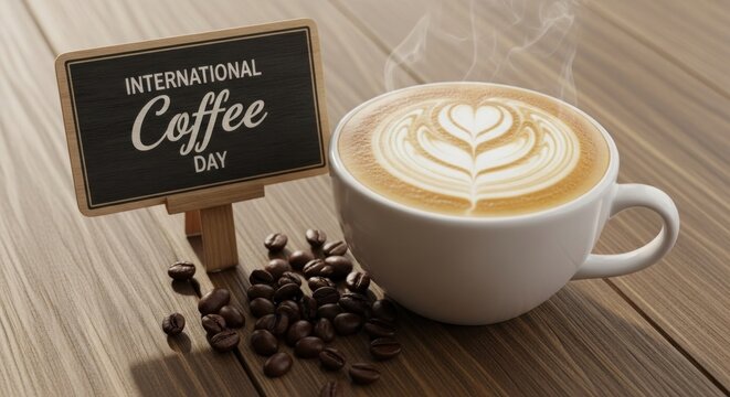 A steaming cup of coffee with a heart-shaped latte art design, accompanied by a small chalkboard sign reading 'International Coffee Day' and scattered coffee beans on a wooden table. - Powered by Adobe