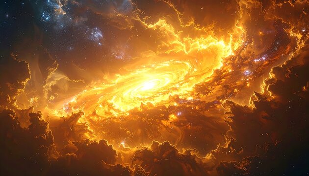 A vibrant cosmic spiral nebula, ablaze in radiant orange light - Powered by Adobe
