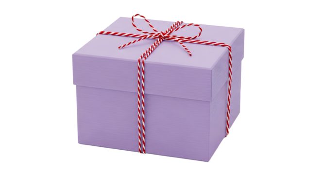 Gift - Lavender gift box with red and white striped ribbon bow on white background, perfect for birthday and holiday presents