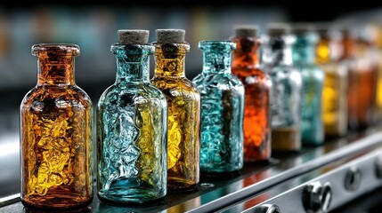 Row of colorful glass bottles with cork stoppers on a conveyor belt.