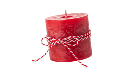 Gift - Red candle with white and red twine bow isolated on white background, perfect for Christmas decor and romantic settings